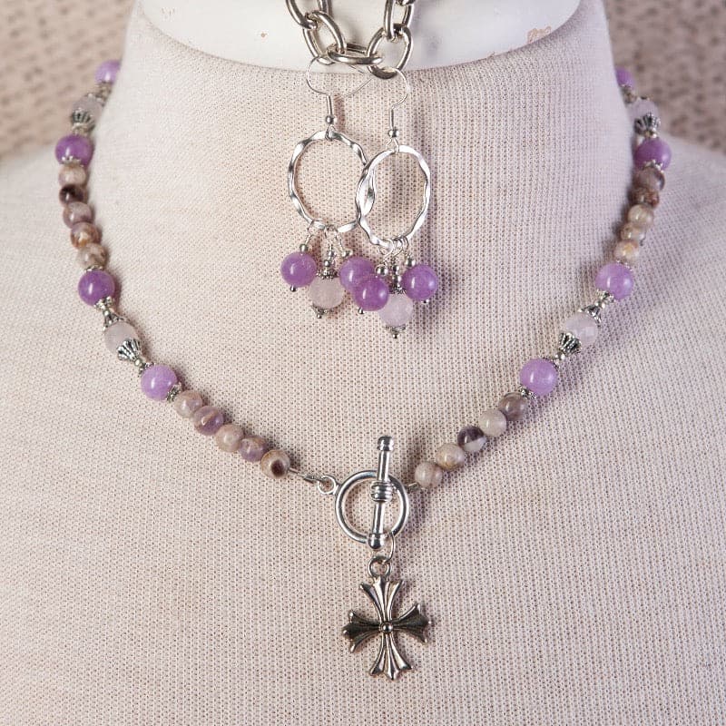 Jennifer’s Amethyst Silver Cross Necklace and Earring Set