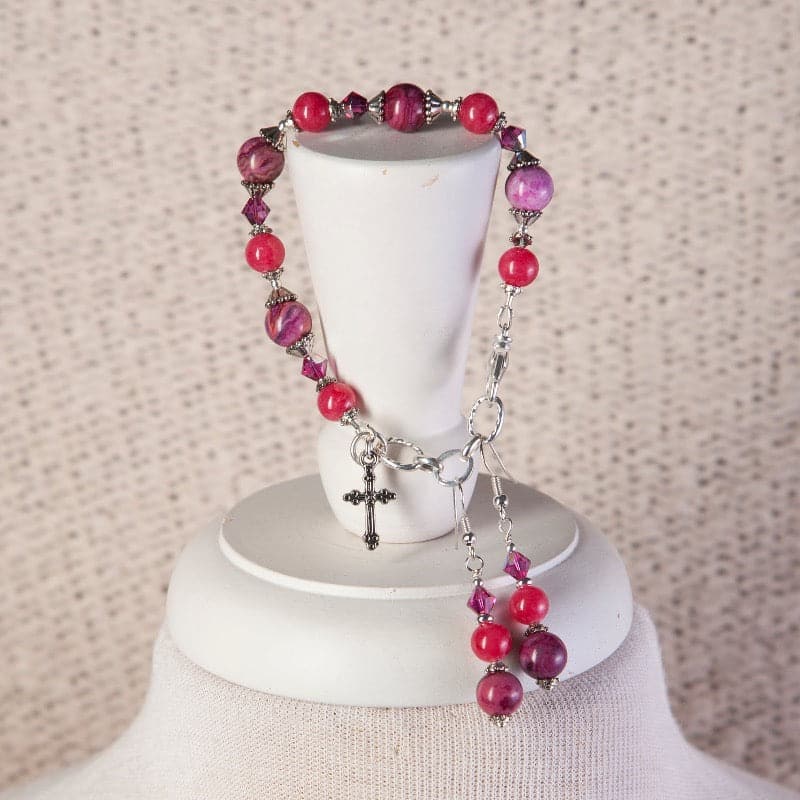 Jennifer’s Fuscia Agate and Jade Cross Bracelet and Earring Set