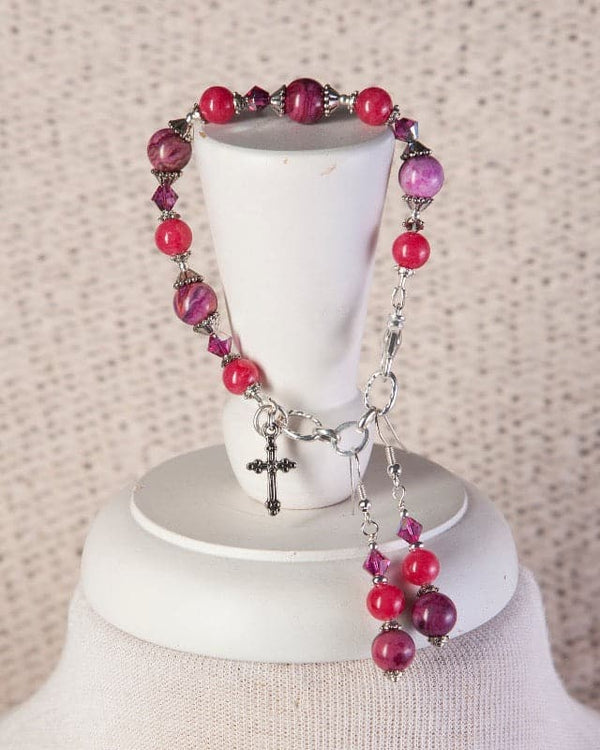 Jennifer’s Fuscia Agate and Jade Cross Bracelet and Earring Set