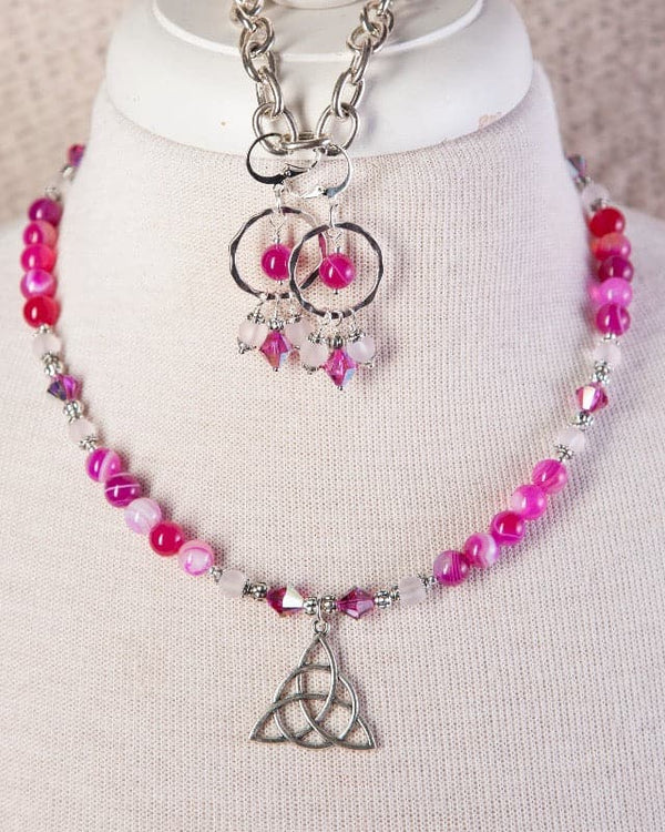 Jennifer’s Fuscia Banded Agate Trinity Knot Necklace and Earring Set