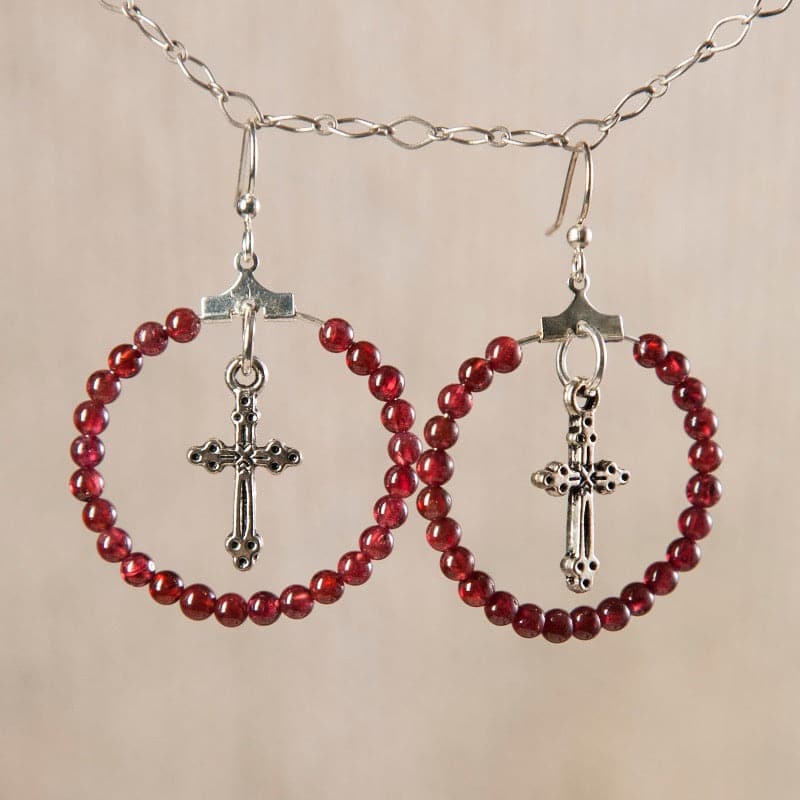 Jennifer's Garnet Hoop Cross Earrings