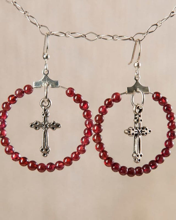 Jennifer's Garnet Hoop Cross Earrings