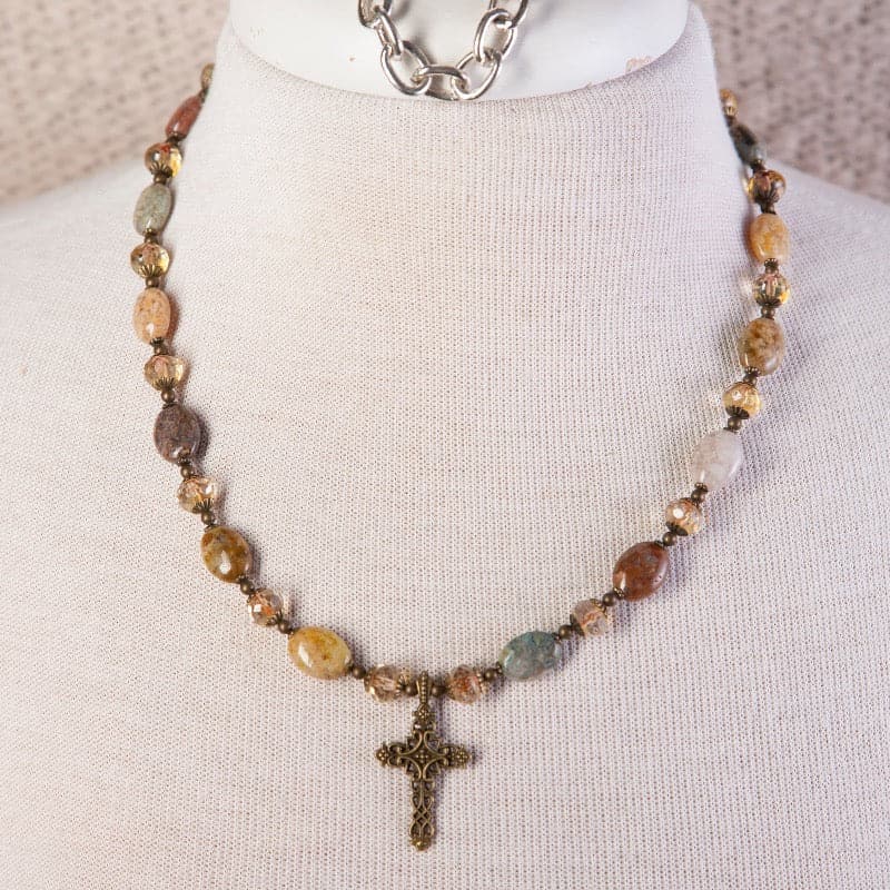 Jennifer’s Jasper Brass Filigree Cross Necklace and Earring Set