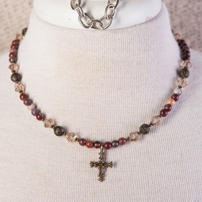 Jennifer’s Red Jasper Floral Cross Necklace and Earring Set