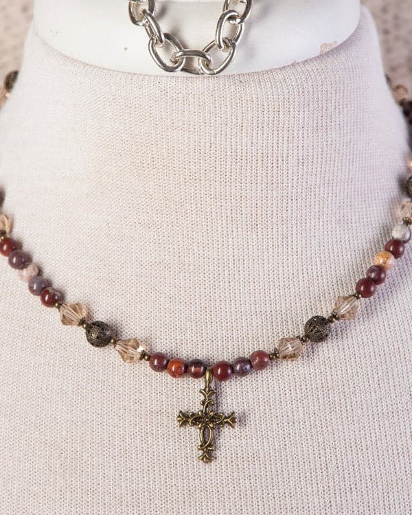 Jennifer’s Red Jasper Floral Cross Necklace and Earring Set