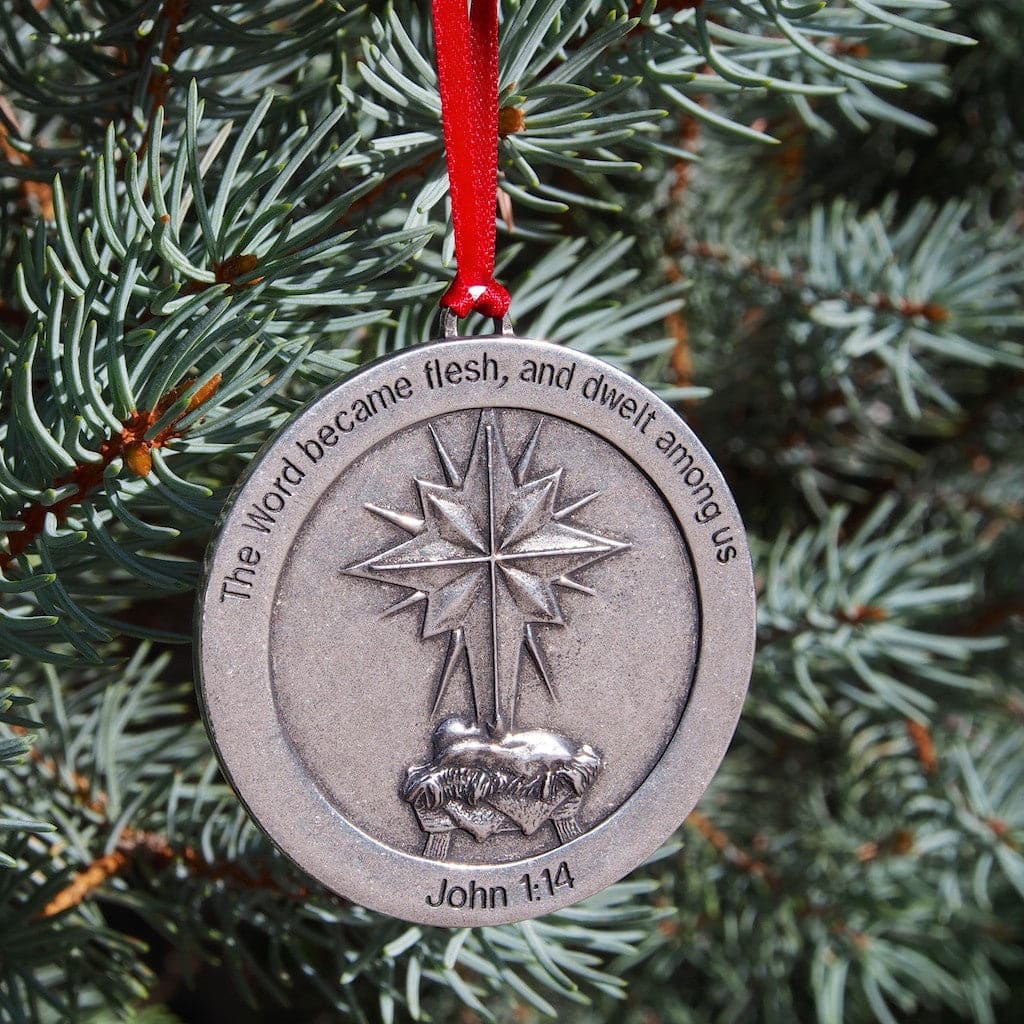 Ad Crucem A Pewter Infant Jesus & Cross Star Christmas Ornament