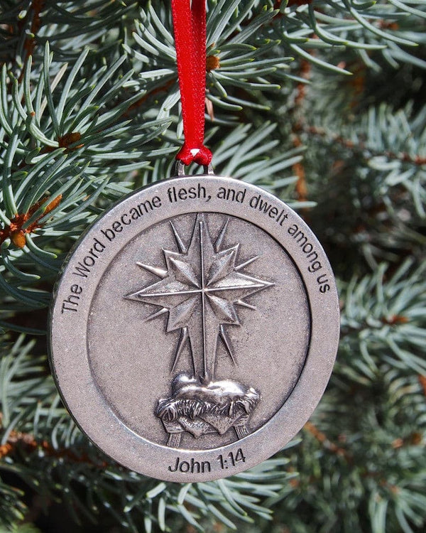 Ad Crucem A Pewter Infant Jesus & Cross Star Christmas Ornament