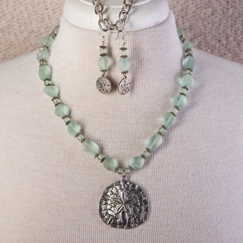 Jennifer’s Sea Glass Sand Dollar Necklace and Earring Set