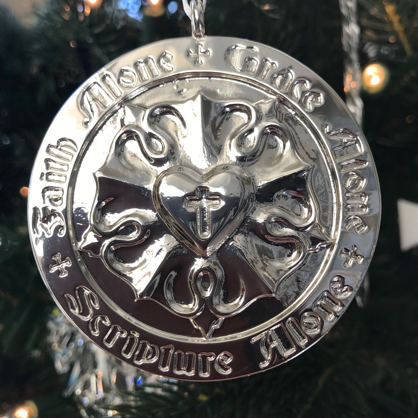 Ad Crucem Luther Rose Christmas Pewter Ornament English and Latin Solas