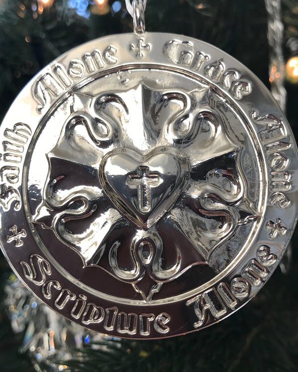 Ad Crucem Luther Rose Christmas Pewter Ornament English and Latin Solas
