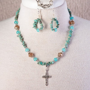 Jennifer’s Turquoise Chip Filigree Cross and Earring Set