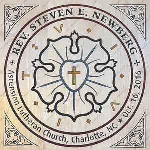 Ad Crucem Personalized Recognition Wood Plaque - Luther Rose OR Trinity Symbol